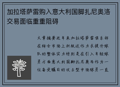 加拉塔萨雷购入意大利国脚扎尼奥洛交易面临重重阻碍