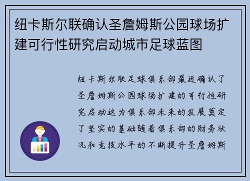 纽卡斯尔联确认圣詹姆斯公园球场扩建可行性研究启动城市足球蓝图 纽卡斯尔联确认圣詹姆斯公园球场扩建可行性研究启动城市足球蓝图