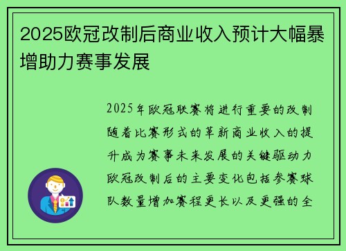 2025欧冠改制后商业收入预计大幅暴增助力赛事发展